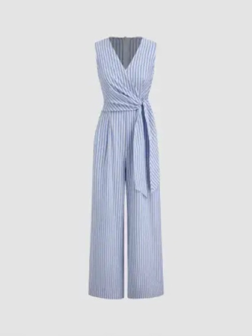 Cider Light Blue & White Striped Wrap Wide-Leg Jumpsuit